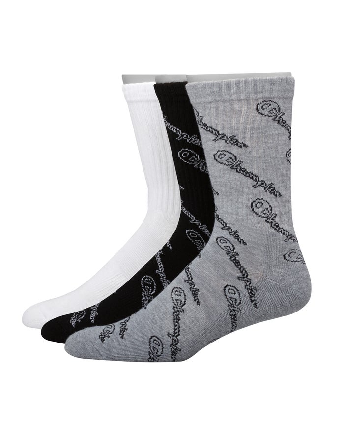 Champion Mens Socks NZ - Crew Script Logo 3-Pairs Grey/White/Black ( 8247-OLZXN )